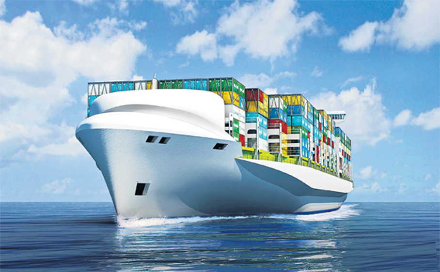 Logistic ship loading cargo and crane on port digital on blue